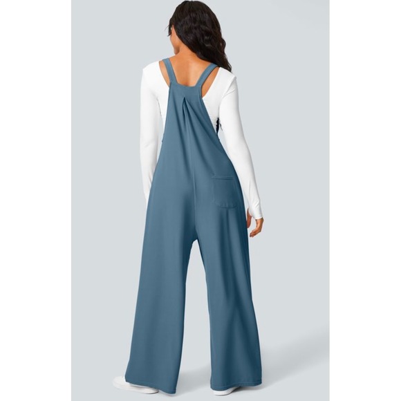 Halara Adjustable Strap Button Pockets Waffle Knit Wide Leg Overalls Blue L NEW - Picture 3 of 11